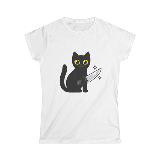 Cute Cat with Knife Women's Softstyle Tee, Fun Cat Lover Gift, Halloween Shirt, Quirky Graphic Tee, Cat Mom Fashion